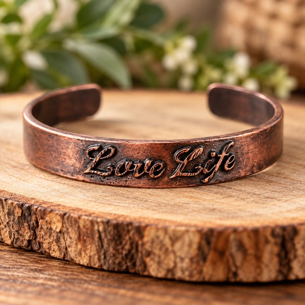 Love Life Solid Copper Cuff Bracelet Inspirational Adjustable Bangle retro